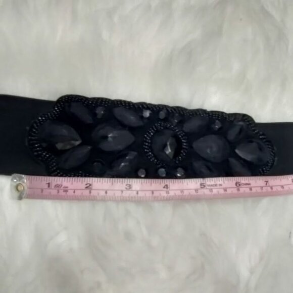 Black Gothic Rhinestone Beaded Decorative Gemstone Buckle Elastic Wide Belt - Picture 10 of 10